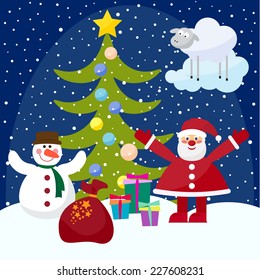 funny picture for use in design on winter holiday greeting card with Santa Claus, fir, funny snowman, bright gifts and lamb, the symbol of the new year, year of the blue sheep