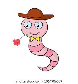 Funny picture for Valentines day with a worm in love with a rose in my mouth, isolate