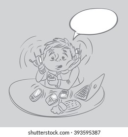 funny picture where the manager with phone sitting at desk in each hand he holds several phones on the computer desktop. vector
