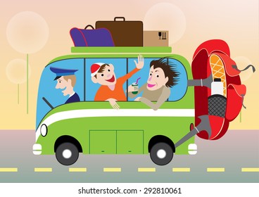 Funny pictures of active summer holiday by car in cartoon style
