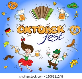 Funny pictures on the theme of the holiday Oktoberfest and the inscription on a blue background