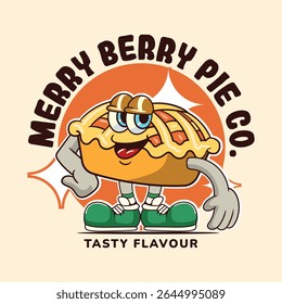 Funny Pie Cake Food Cartoon Characters in Retro 70s Illustration
