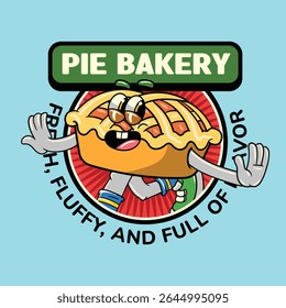 Funny Pie Cake Food Cartoon Characters in Retro 70s Illustration
