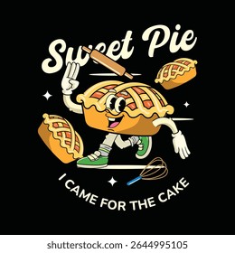 Funny Pie Cake Food Cartoon Characters in Retro 70s Illustration