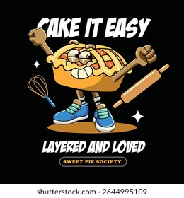 Funny Pie Cake Food Cartoon Characters in Retro 70s Illustration