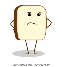 Funny piece of bread character with puzzled dissatisfied face expression. Diet and proper nutrition, adherence to daily diet. Flat vector isolated on white background