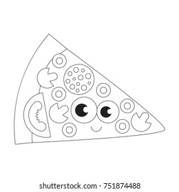 Funny Piece of Pizza cartoon, the colorless outlined illustration with thin line black stroke.
