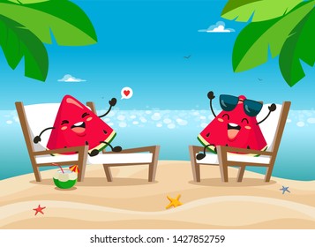 Funny pieces of watermelon relaxing on chairs on the loungers on the beach in a cartoon style. Vector illustration on white background in flat style.