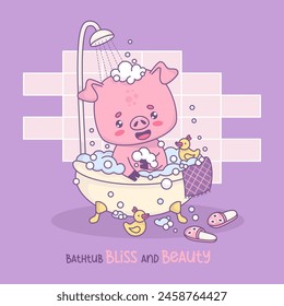 Funny pig bathes in bath with foam frothy bubbles and rubber duck toy. Cute cartoon kawaii animal character in bathroom washes under shower. Vector illustration. Kids collection.