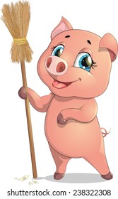 funny pig with a broom on white background