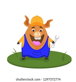 Funny pig Builder. Profession Builder, cartoon, funny pig vector