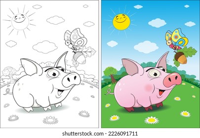 Funny pig and butterfly with acorn coloring