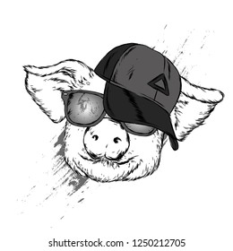 Funny pig in a cap and glasses. Cute pig. Clothes and accessories. Hipster. Vector illustration for greeting card or poster.