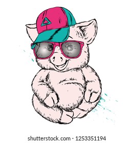 Funny pig in a cap and glasses. Cute pig. Clothes and accessories. Hipster. Vector illustration for greeting card or poster.