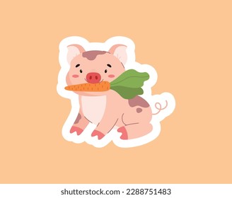 Funny pig with carrot flat style, vector illustration isolated on peach background. Cute farm animal, decorative design element, smiling happy character