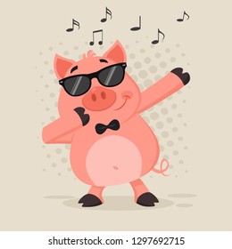 Funny Pig Cartoon Character With Sunglasses Dab Dabbing. Vector Illustration Flat Design With Background And Notes