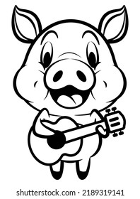 Funny Pig cartoon characters playing acoustic guitars, best for mascot, logo, and coloring book with music themes for kids