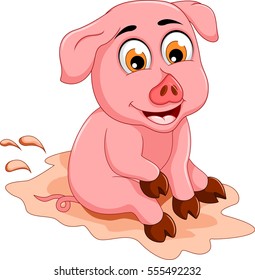 funny pig cartoon sitting in mud puddle