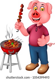 funny pig cartoon standing with grilled meat and thumb up