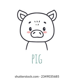 funny pig, cartoon style. Flat animal. Doodle illustration of pig head for cards, magazins, banners. Vector