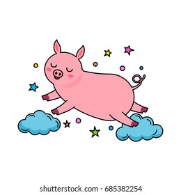 A funny pig character jumps over the clouds in a cartoon style. Linear vector illustration in a linear style