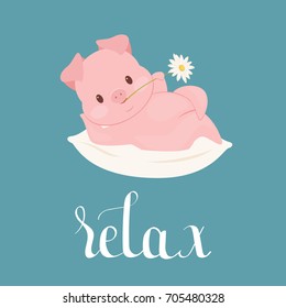 Funny pig character laying on a pillow with flower in mouth. Poster, greeting card, wall art or wallpaper template. Vector art. 