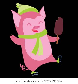 Funny pig characters. Cartoon winter illustration of farm animals life in various action. Pose vector design. Eating ice cream
