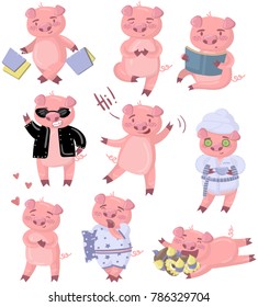 Funny pig characters set, piggy in different poses and situations cartoon vector Illustrations