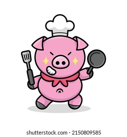 FUNNY PIG CHEF IS BRINGING PAN AND SPATULA CARTOON MASCOT LOGO