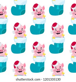 Funny pig in a Christmas boot. Happy New Year seamless pattern.