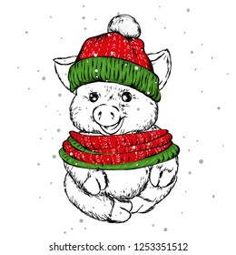 Funny pig in a Christmas hat and a shafe. Cute pig. Santa Claus. New Year's and Christmas. Vector illustration for greeting card or poster.