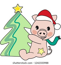 Funny pig with Christmas tree. Merry Christmas, Happy New Year. Chinese symbol of the 2019 year. Excellent festive gift card. Vector illustration on white background.  Greeting card, kids art, poster