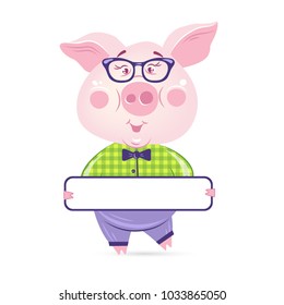 Funny pig with clear board. Vector cartoon character.
