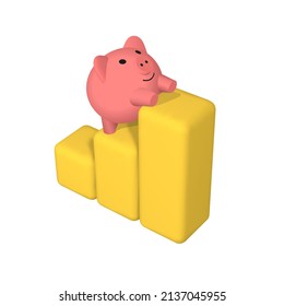 Funny Pig Is Climbing On The Graph. 3d Sticker Of A Piggy Bank With A Diagram. 