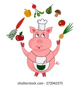 Funny pig cook-chef cartoon juggles vegetables and fruits: carrot, apple, onion, pear, tomato, radish, pepper, mushroom. Vector illustration isolated on white background.