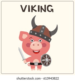 Funny pig in costume of viking with sword and shield in cartoon style.