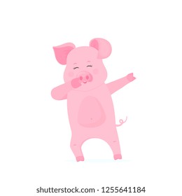 Funny pig dabbing cartoon character. Dancing piggy. Cute piglet have fun.