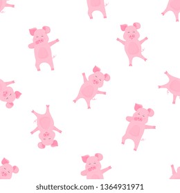 Funny pig dabbing cartoon character. Dancing piggy. Cute piglet have fun. Seamless pattern for nursery, textile, kids apparel.