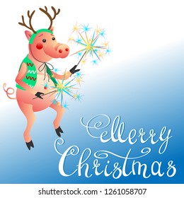 Funny pig dancing with sparklers New Year symbol and Merry Christmas lettering greeting card