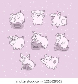 Funny pig in different poses. Cartoon character holding a gift. Emotions of Pets. Happy new year. 2019. Postcard. Congratulations to a friend. Vector illustration.