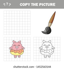 Funny pig with donut. Complete the picture children drawing game