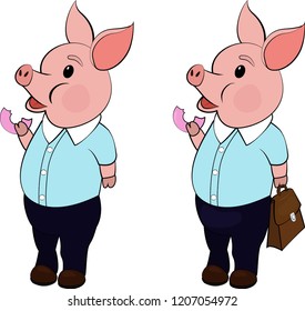 Funny Pig with donut,pork isolated on white ,vector illustration