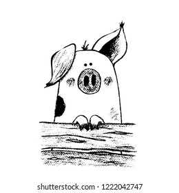 Funny pig drawn by hand. Isolated black silhouette of a pig, on a white background. Vector illustration 10 eps.