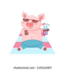 Funny pig drinking a cocktail while lying on the beach, cute piglet cartoon character on summer vacation vector Illustration on a white background