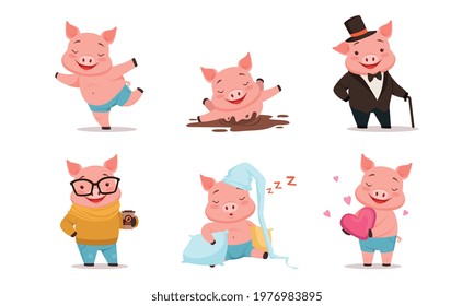 Funny Pig Drinking Coffee, Splashing in Mud and Sleeping on Pillow Vector Set