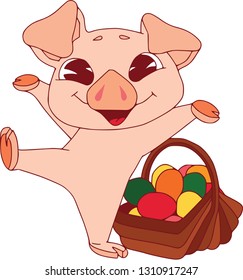 Funny pig, easter set. Funny animal icons and action, cute animal poses vector isolated symbol illustration. Happy dancing with easter basket, colorful pattern