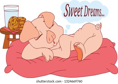 Funny pig, easter set. Funny animal icons and action, cute animal poses vector isolated symbol illustration. Sleepy,pillow, milk and cookies, text