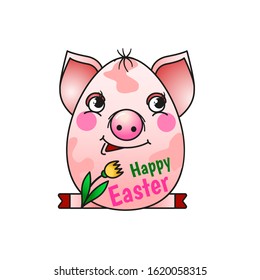 Funny pig with a flower in the shape of an egg on a white background. Easter animal. Cartoon style, vector isolated. For making postcards, stickers and prints for the Easter holiday.