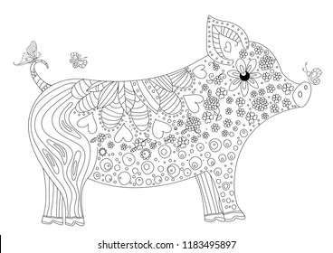 funny pig with flying butterflies for your coloring book