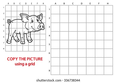 funny pig game. Vector illustration of grid copy puzzle with happy cartoon pig for children
